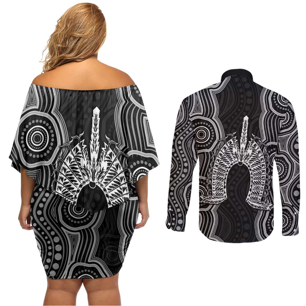 Torres Strait Islander Couples Matching Off Shoulder Short Dress and Long Sleeve Button Shirt Flag Feather Headdress Indigenous Dotwork Tribal Art