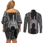 Torres Strait Islander Couples Matching Off Shoulder Short Dress and Long Sleeve Button Shirt Flag Feather Headdress Indigenous Dotwork Tribal Art