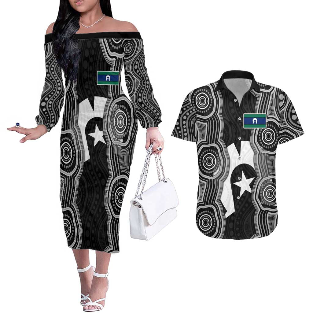 Torres Strait Islander Couples Matching Off The Shoulder Long Sleeve Dress and Hawaiian Shirt Flag Feather Headdress Indigenous Dotwork Tribal Art