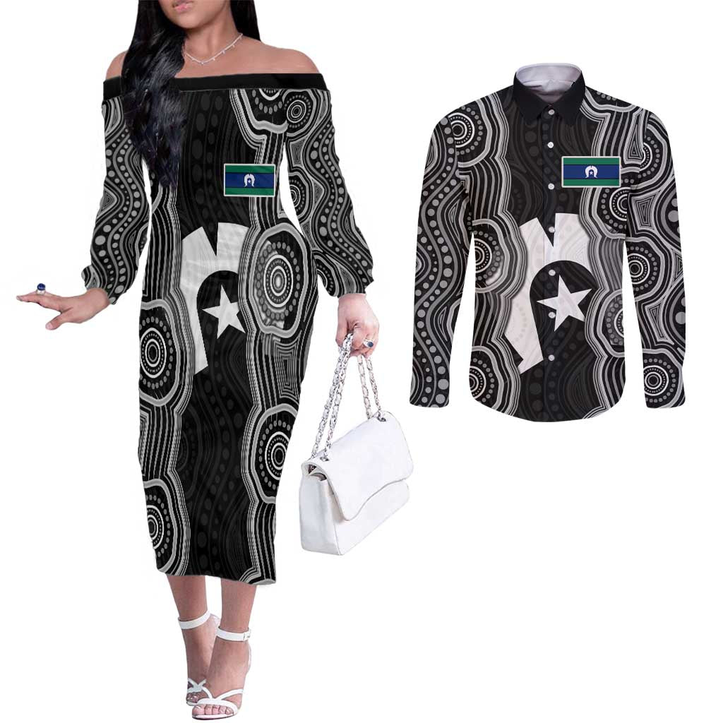 Torres Strait Islander Couples Matching Off The Shoulder Long Sleeve Dress and Long Sleeve Button Shirt Flag Feather Headdress Indigenous Dotwork Tribal Art