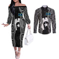 Torres Strait Islander Couples Matching Off The Shoulder Long Sleeve Dress and Long Sleeve Button Shirt Flag Feather Headdress Indigenous Dotwork Tribal Art