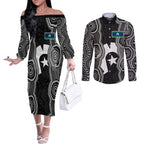 Torres Strait Islander Couples Matching Off The Shoulder Long Sleeve Dress and Long Sleeve Button Shirt Flag Feather Headdress Indigenous Dotwork Tribal Art