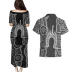 Torres Strait Islander Couples Matching Puletasi and Hawaiian Shirt Flag Feather Headdress Indigenous Dotwork Tribal Art