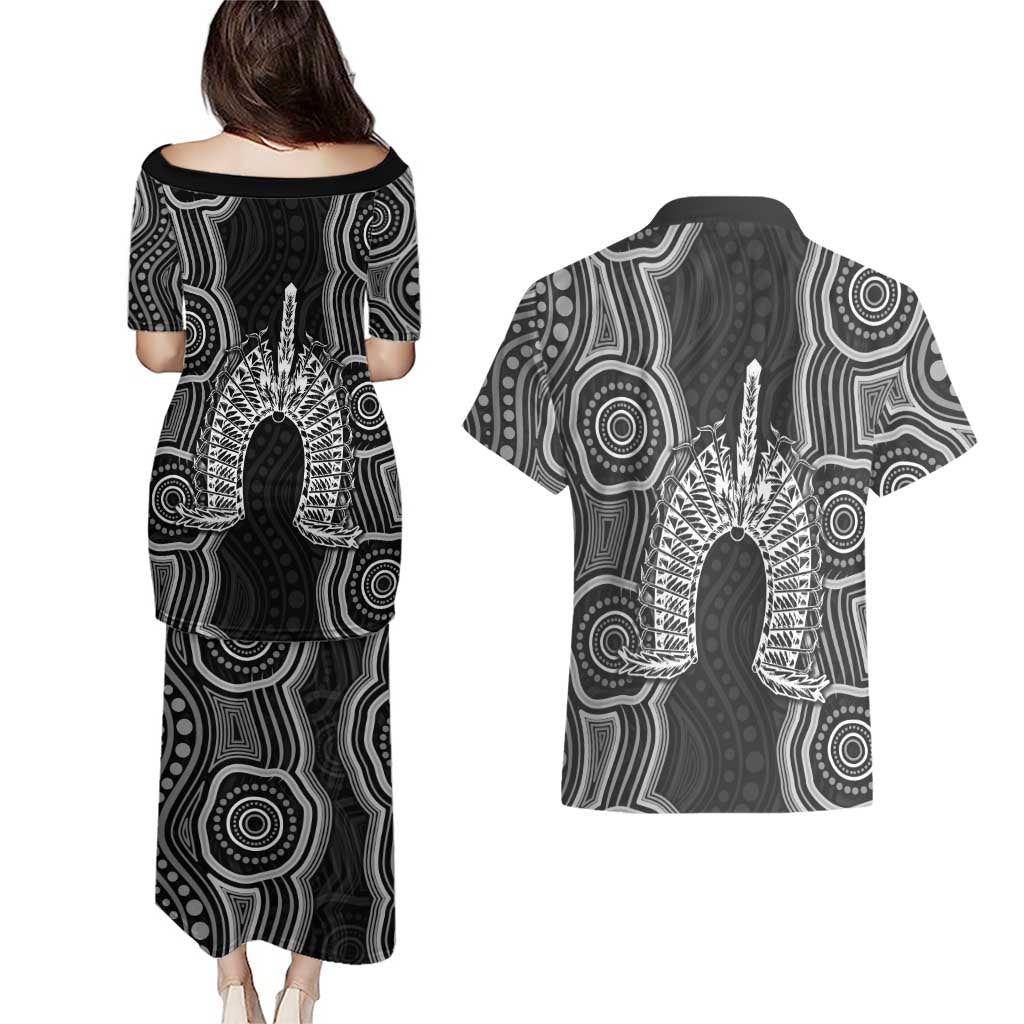 Torres Strait Islander Couples Matching Puletasi and Hawaiian Shirt Flag Feather Headdress Indigenous Dotwork Tribal Art