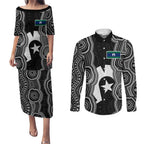 Torres Strait Islander Couples Matching Puletasi and Long Sleeve Button Shirt Flag Feather Headdress Indigenous Dotwork Tribal Art