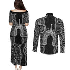 Torres Strait Islander Couples Matching Puletasi and Long Sleeve Button Shirt Flag Feather Headdress Indigenous Dotwork Tribal Art