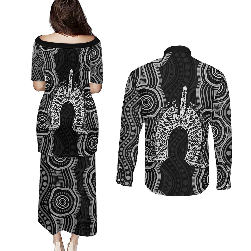 Torres Strait Islander Couples Matching Puletasi and Long Sleeve Button Shirt Flag Feather Headdress Indigenous Dotwork Tribal Art