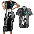 Torres Strait Islander Couples Matching Short Sleeve Bodycon Dress and Hawaiian Shirt Flag Feather Headdress Indigenous Dotwork Tribal Art