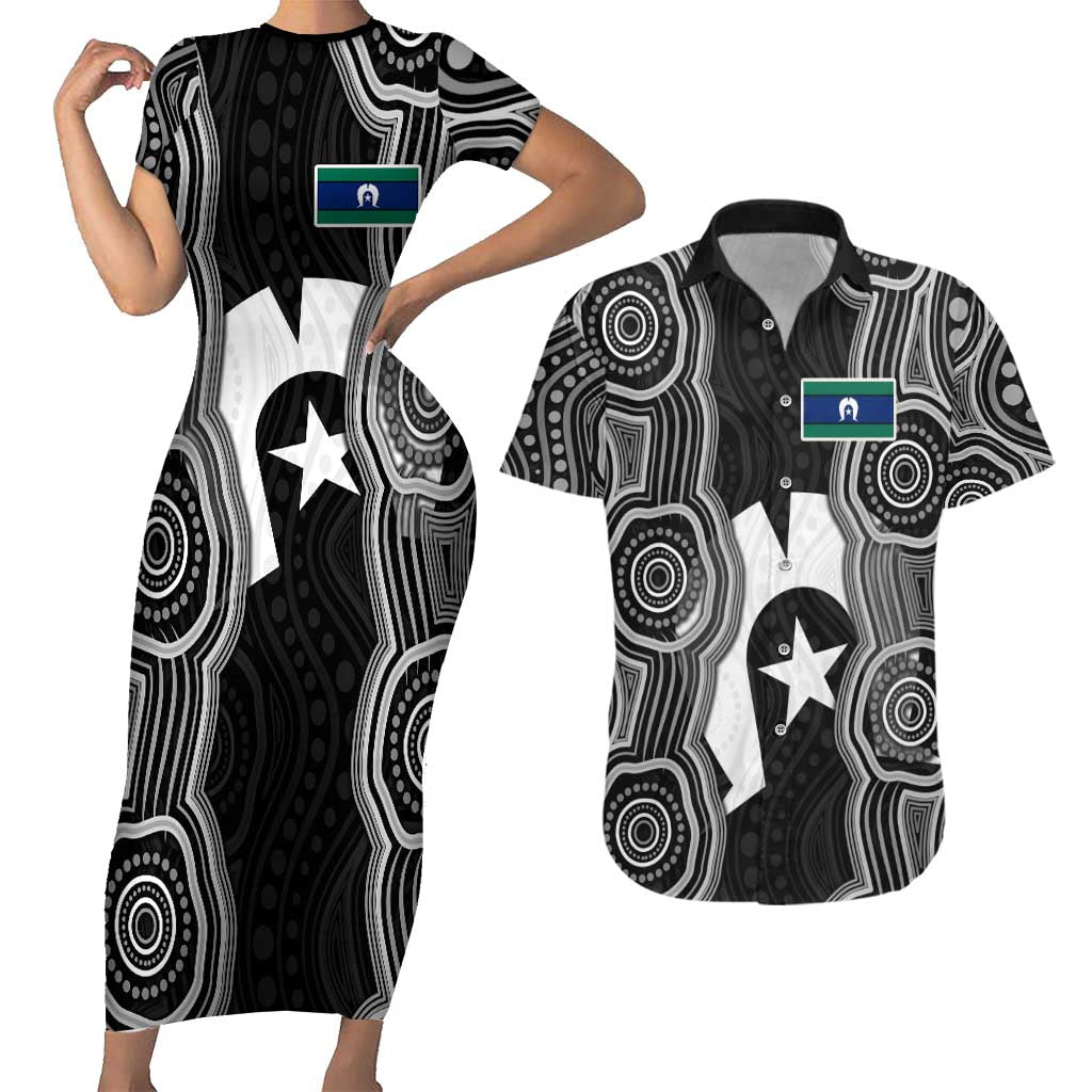 Torres Strait Islander Couples Matching Short Sleeve Bodycon Dress and Hawaiian Shirt Flag Feather Headdress Indigenous Dotwork Tribal Art