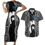 Torres Strait Islander Couples Matching Short Sleeve Bodycon Dress and Hawaiian Shirt Flag Feather Headdress Indigenous Dotwork Tribal Art