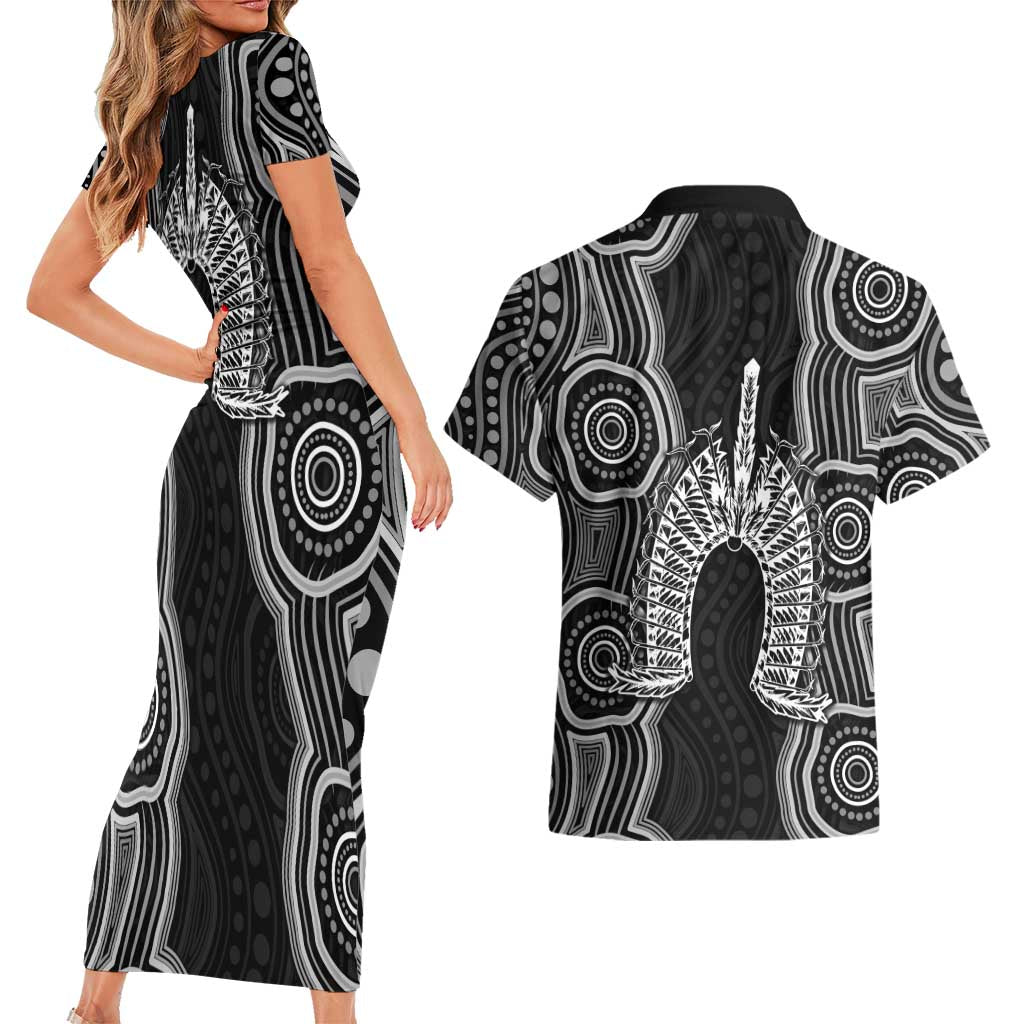 Torres Strait Islander Couples Matching Short Sleeve Bodycon Dress and Hawaiian Shirt Flag Feather Headdress Indigenous Dotwork Tribal Art