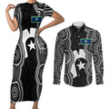 Torres Strait Islander Couples Matching Short Sleeve Bodycon Dress and Long Sleeve Button Shirt Flag Feather Headdress Indigenous Dotwork Tribal Art