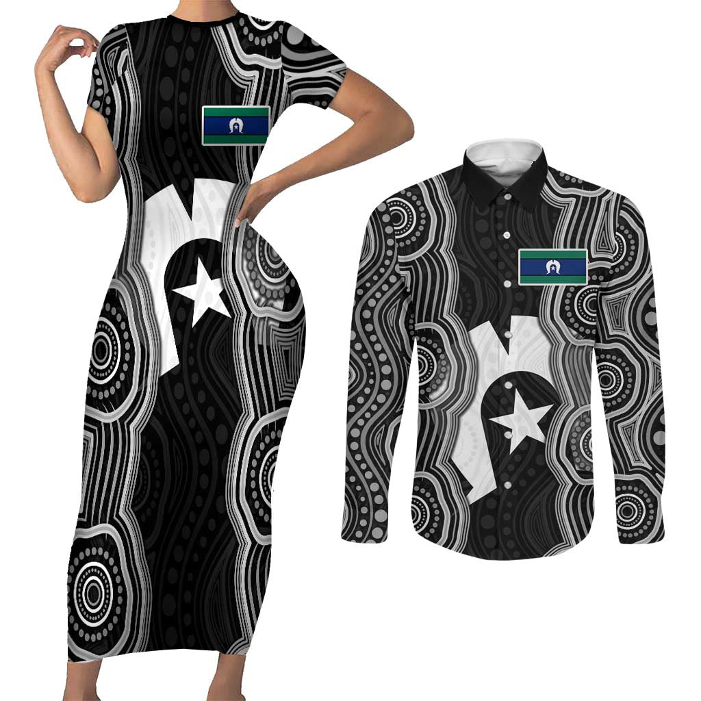 Torres Strait Islander Couples Matching Short Sleeve Bodycon Dress and Long Sleeve Button Shirt Flag Feather Headdress Indigenous Dotwork Tribal Art