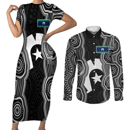 Torres Strait Islander Couples Matching Short Sleeve Bodycon Dress and Long Sleeve Button Shirt Flag Feather Headdress Indigenous Dotwork Tribal Art