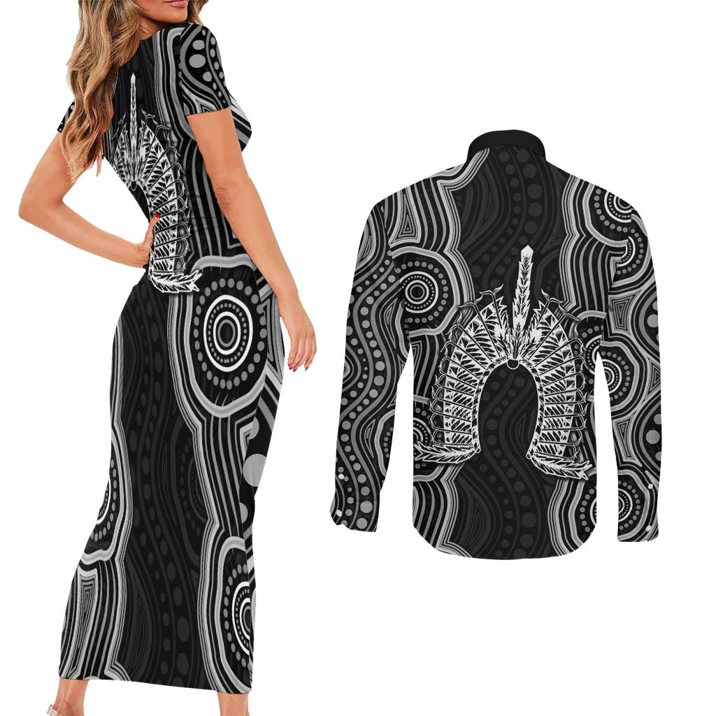 Torres Strait Islander Couples Matching Short Sleeve Bodycon Dress and Long Sleeve Button Shirt Flag Feather Headdress Indigenous Dotwork Tribal Art
