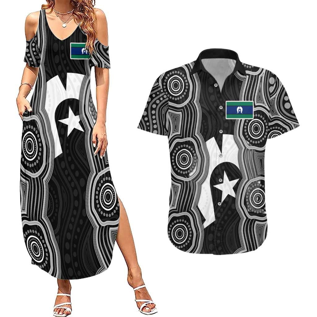 Torres Strait Islander Couples Matching Summer Maxi Dress and Hawaiian Shirt Flag Feather Headdress Indigenous Dotwork Tribal Art