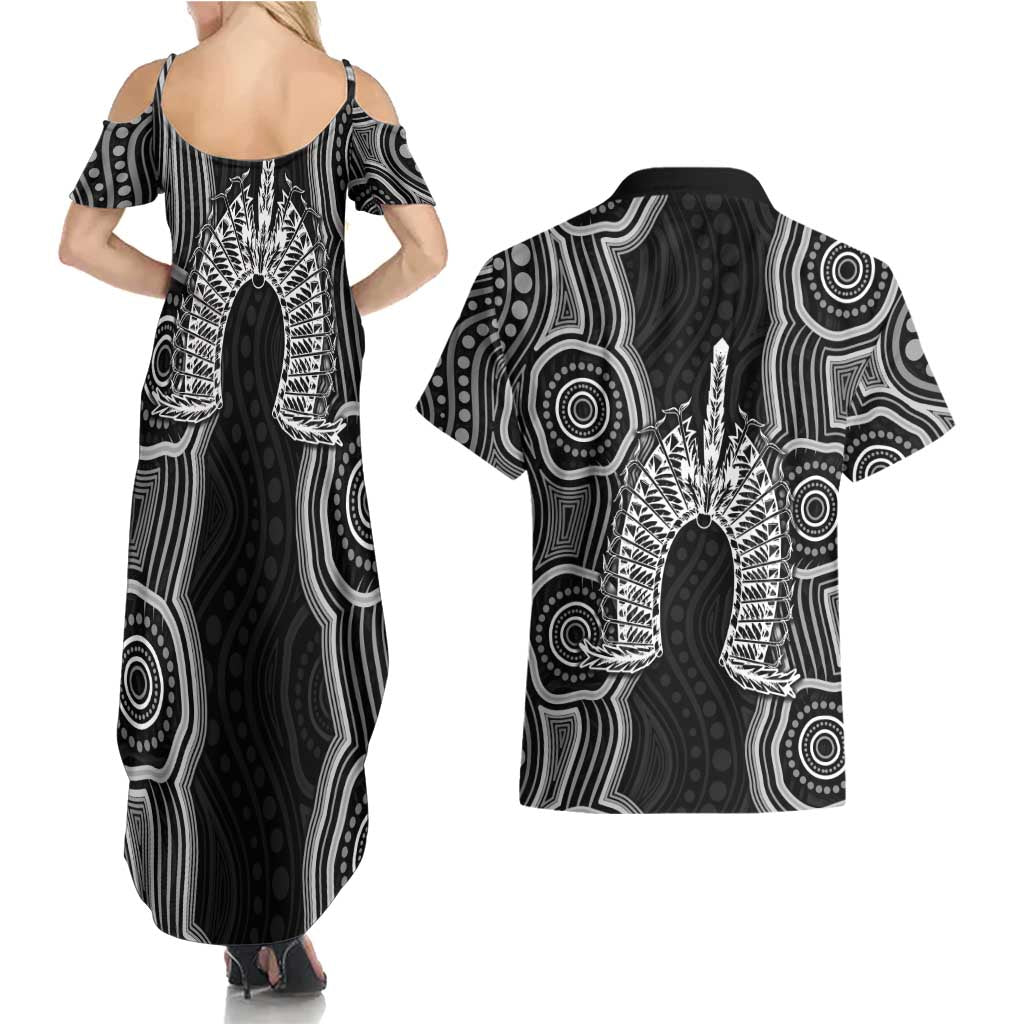 Torres Strait Islander Couples Matching Summer Maxi Dress and Hawaiian Shirt Flag Feather Headdress Indigenous Dotwork Tribal Art
