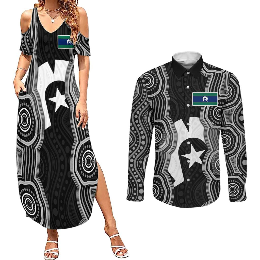 Torres Strait Islander Couples Matching Summer Maxi Dress and Long Sleeve Button Shirt Flag Feather Headdress Indigenous Dotwork Tribal Art