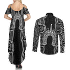 Torres Strait Islander Couples Matching Summer Maxi Dress and Long Sleeve Button Shirt Flag Feather Headdress Indigenous Dotwork Tribal Art