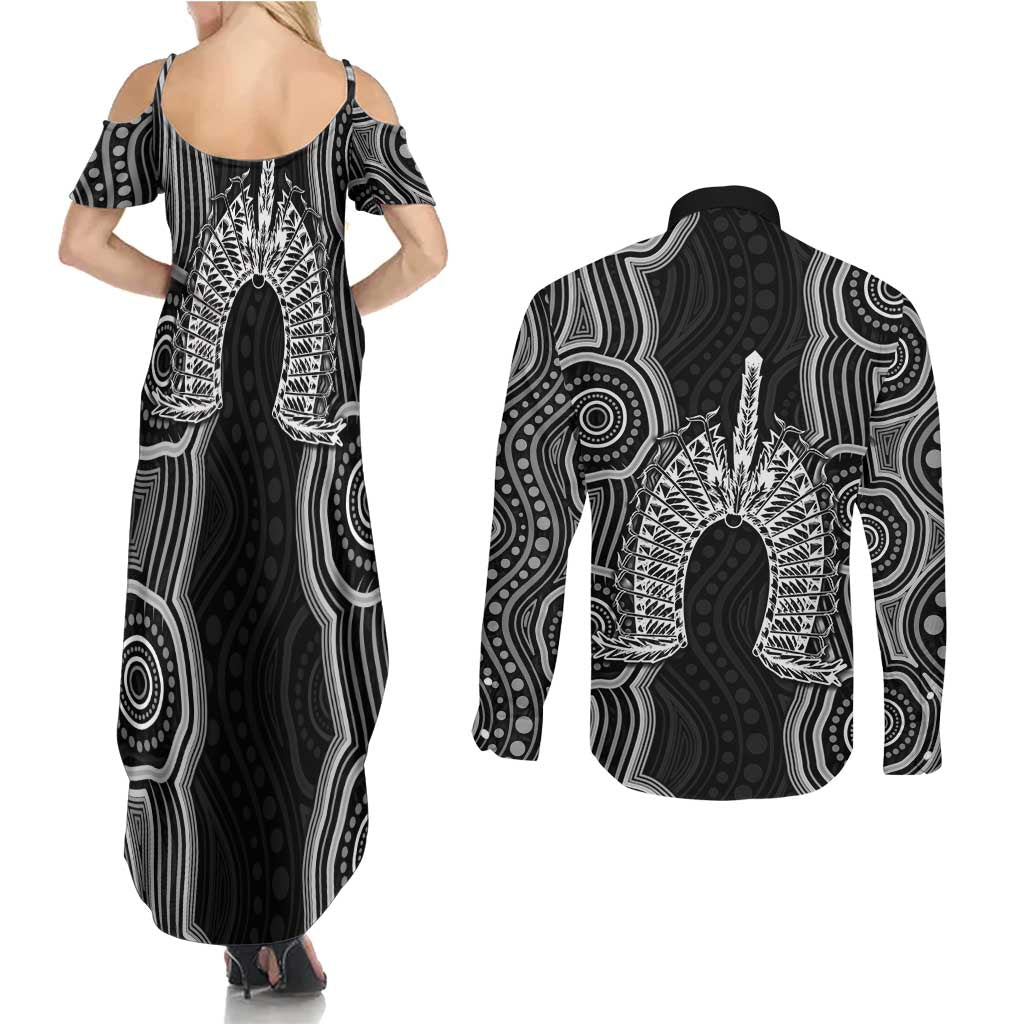 Torres Strait Islander Couples Matching Summer Maxi Dress and Long Sleeve Button Shirt Flag Feather Headdress Indigenous Dotwork Tribal Art