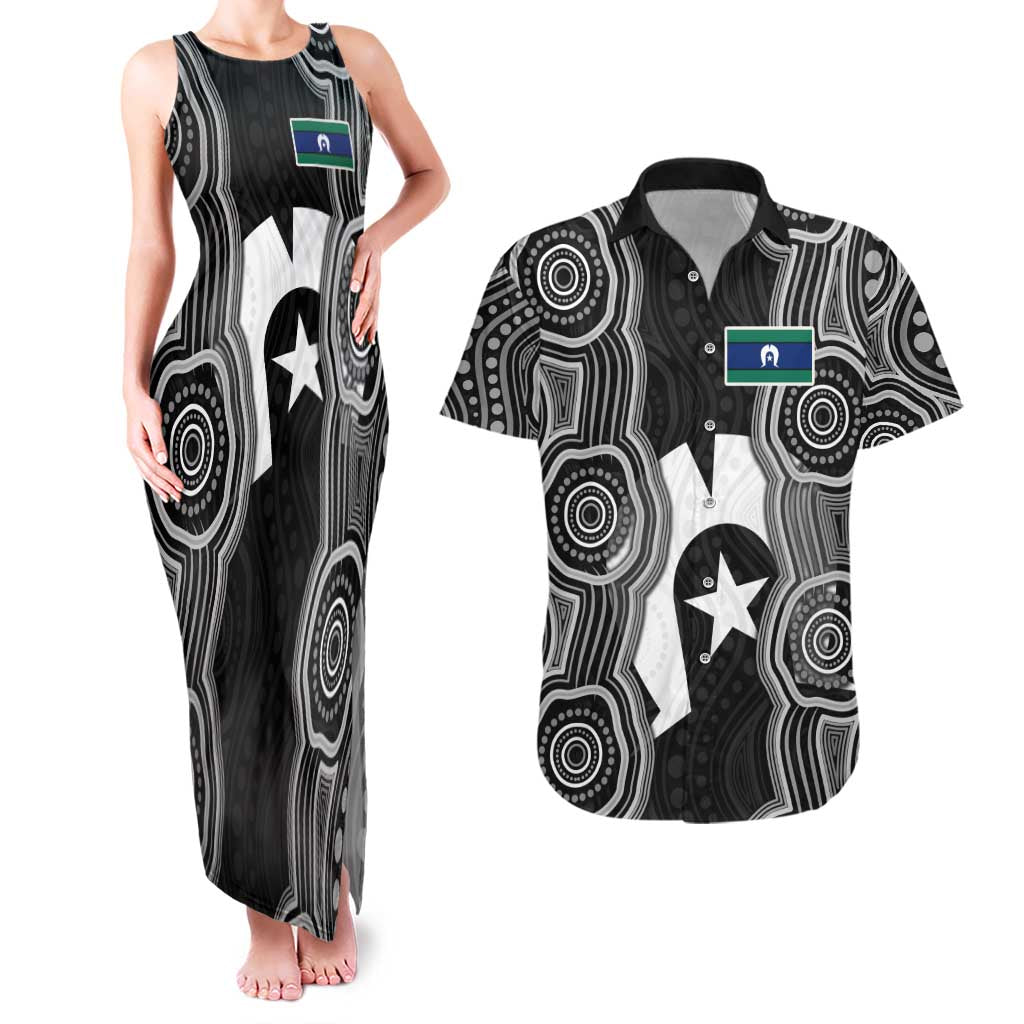 Torres Strait Islander Couples Matching Tank Maxi Dress and Hawaiian Shirt Flag Feather Headdress Indigenous Dotwork Tribal Art