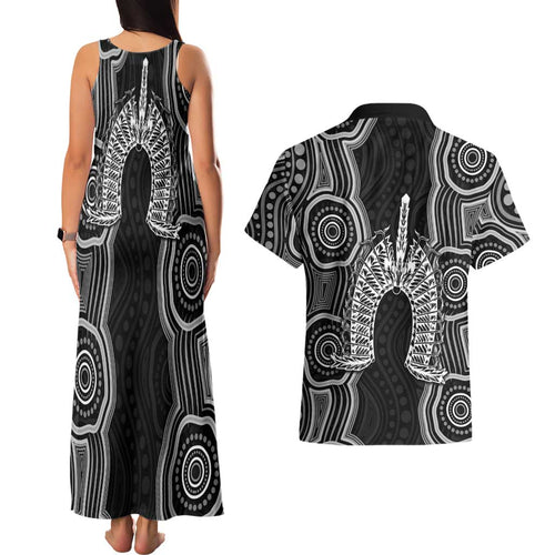 Torres Strait Islander Couples Matching Tank Maxi Dress and Hawaiian Shirt Flag Feather Headdress Indigenous Dotwork Tribal Art