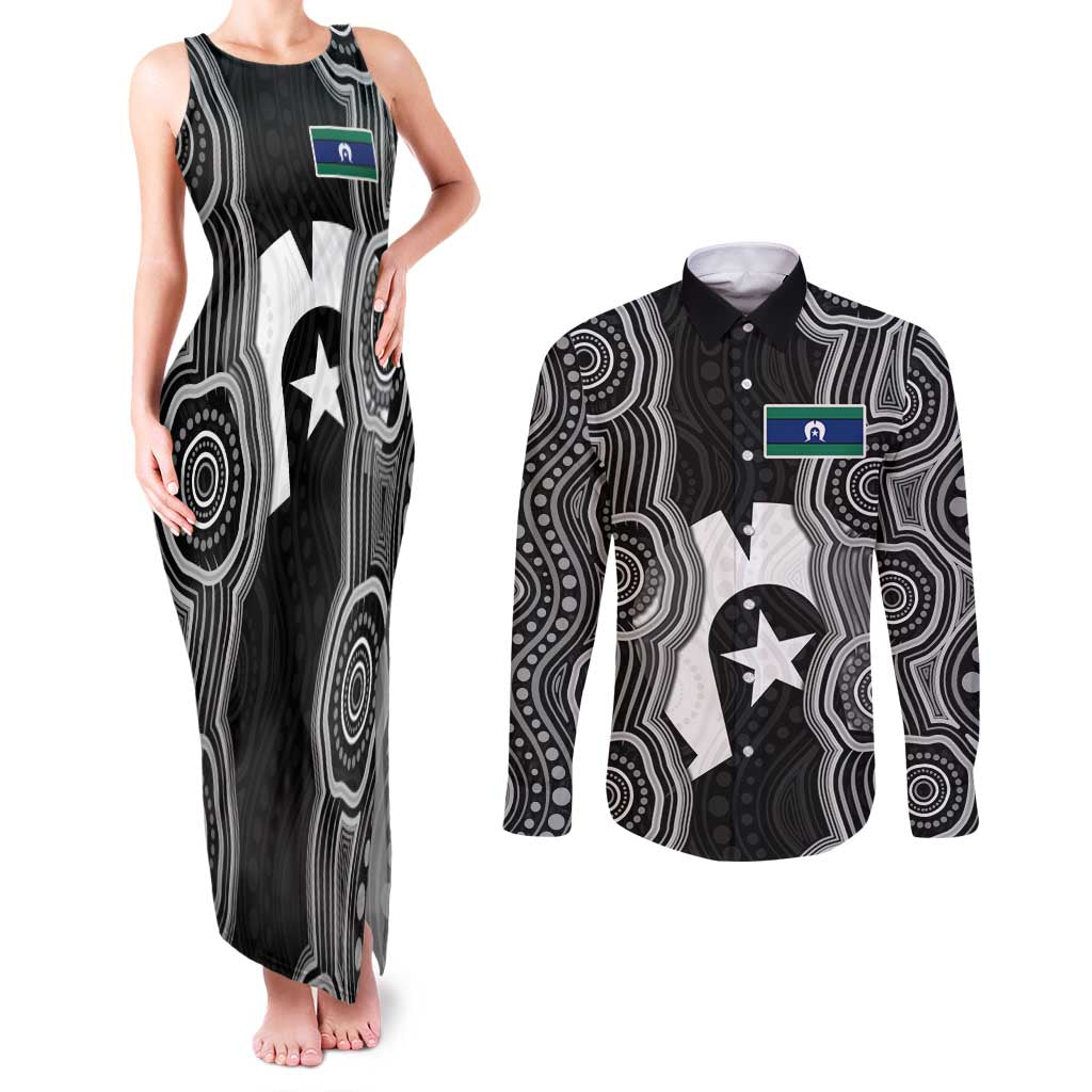 Torres Strait Islander Couples Matching Tank Maxi Dress and Long Sleeve Button Shirt Flag Feather Headdress Indigenous Dotwork Tribal Art