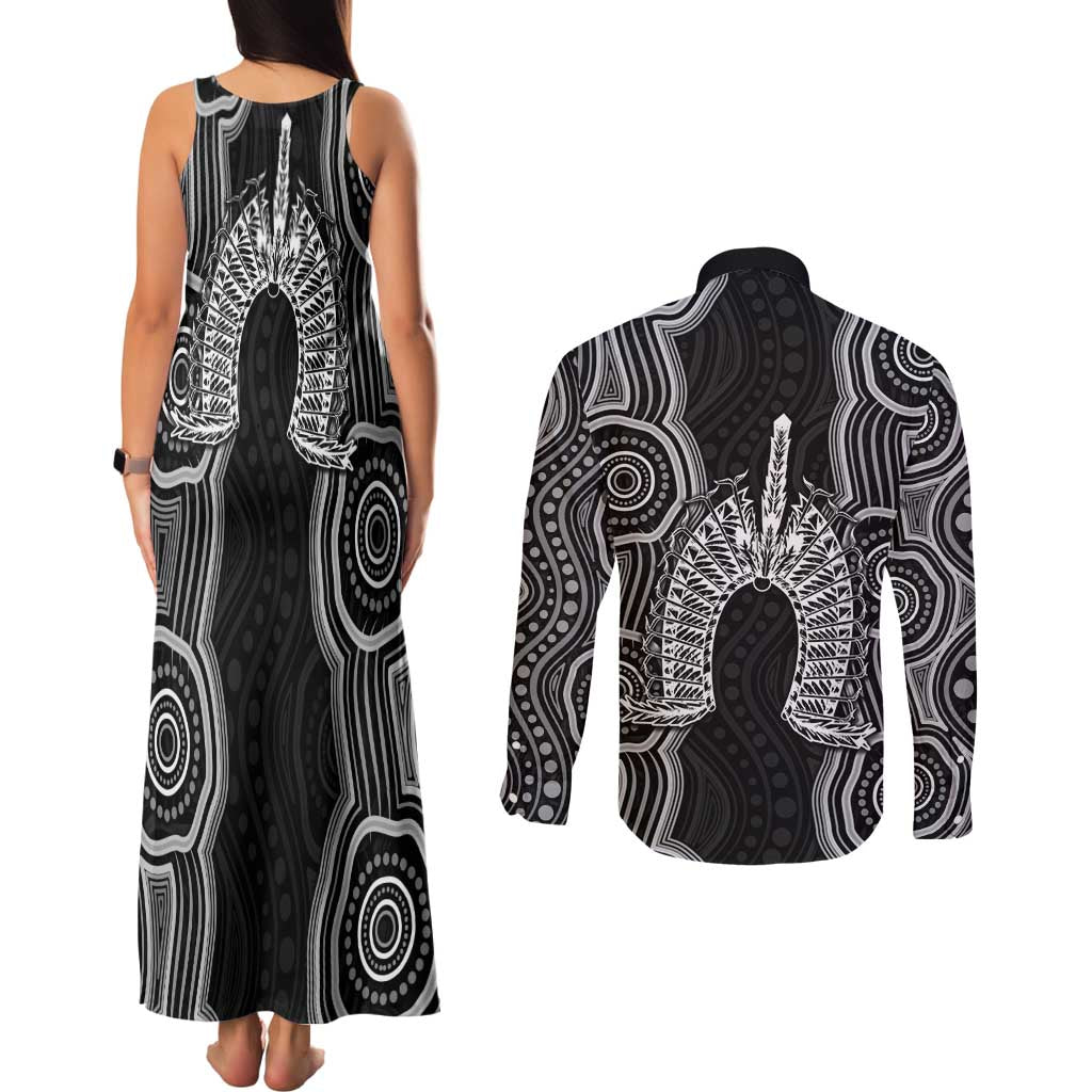 Torres Strait Islander Couples Matching Tank Maxi Dress and Long Sleeve Button Shirt Flag Feather Headdress Indigenous Dotwork Tribal Art