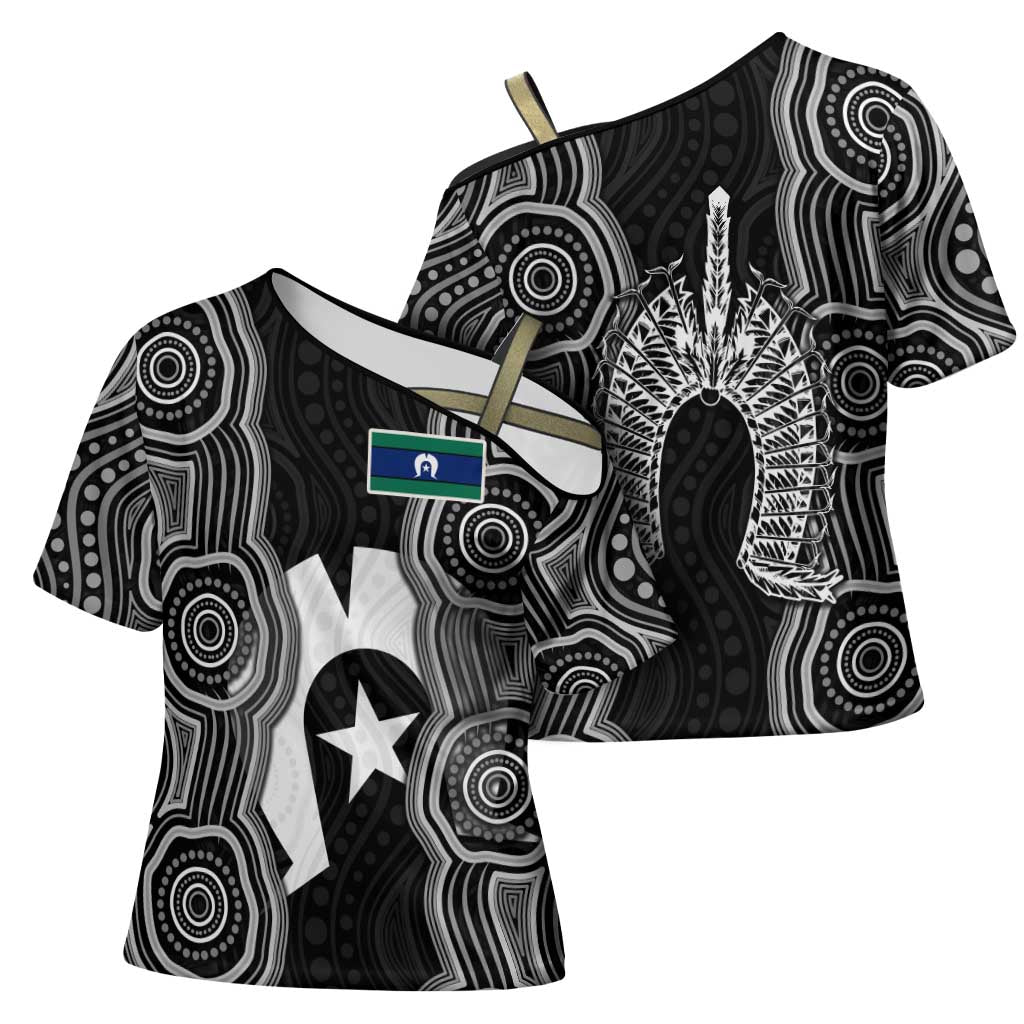 Torres Strait Islander Cross Shoulder Shirt Flag Feather Headdress Indigenous Dotwork Tribal Art