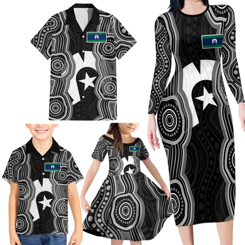 Torres Strait Islander Family Matching Long Sleeve Bodycon Dress and Hawaiian Shirt Flag Feather Headdress Indigenous Dotwork Tribal Art