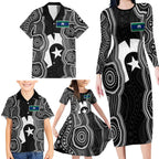 Torres Strait Islander Family Matching Long Sleeve Bodycon Dress and Hawaiian Shirt Flag Feather Headdress Indigenous Dotwork Tribal Art