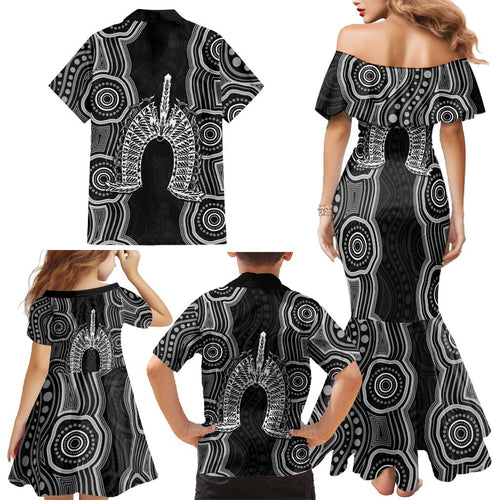 Torres Strait Islander Family Matching Mermaid Dress and Hawaiian Shirt Flag Feather Headdress Indigenous Dotwork Tribal Art