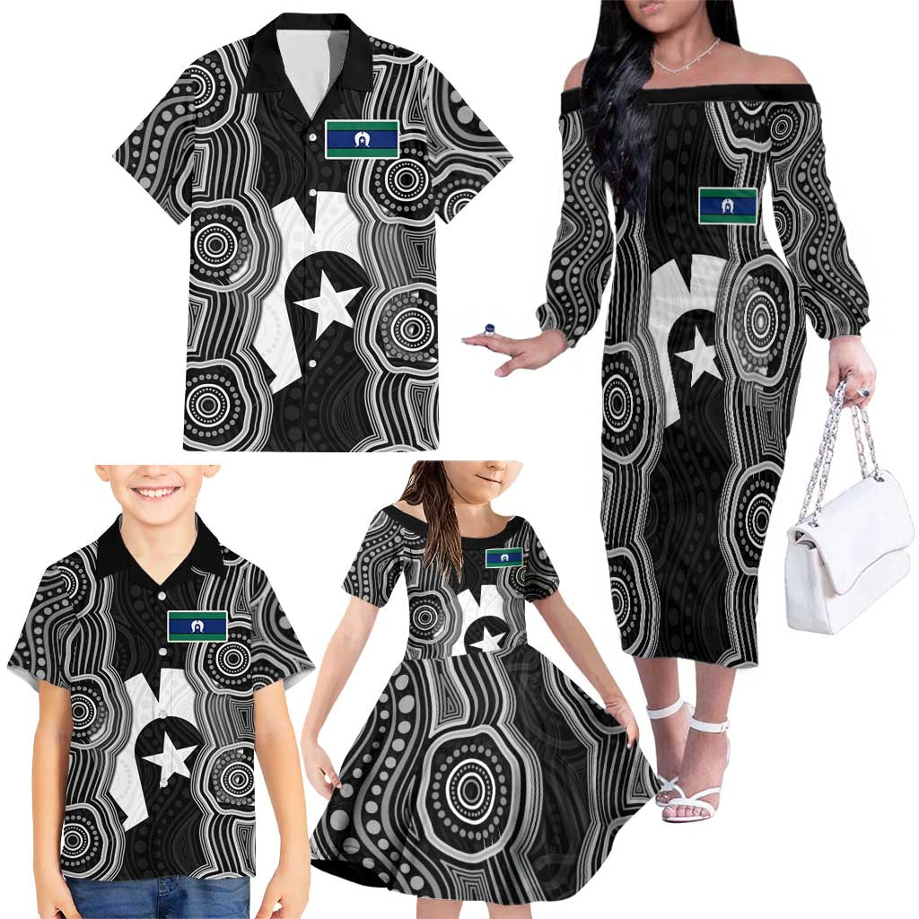 Torres Strait Islander Family Matching Off The Shoulder Long Sleeve Dress and Hawaiian Shirt Flag Feather Headdress Indigenous Dotwork Tribal Art
