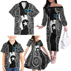 Torres Strait Islander Family Matching Off The Shoulder Long Sleeve Dress and Hawaiian Shirt Flag Feather Headdress Indigenous Dotwork Tribal Art
