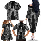 Torres Strait Islander Family Matching Off The Shoulder Long Sleeve Dress and Hawaiian Shirt Flag Feather Headdress Indigenous Dotwork Tribal Art