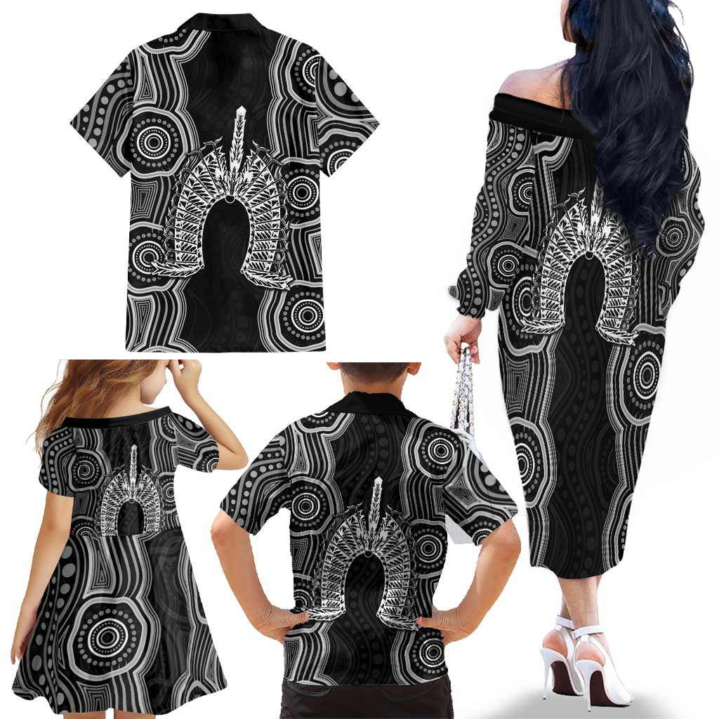 Torres Strait Islander Family Matching Off The Shoulder Long Sleeve Dress and Hawaiian Shirt Flag Feather Headdress Indigenous Dotwork Tribal Art