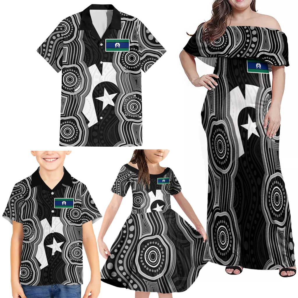 Torres Strait Islander Family Matching Off Shoulder Maxi Dress and Hawaiian Shirt Flag Feather Headdress Indigenous Dotwork Tribal Art