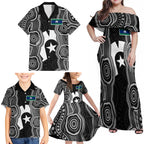 Torres Strait Islander Family Matching Off Shoulder Maxi Dress and Hawaiian Shirt Flag Feather Headdress Indigenous Dotwork Tribal Art