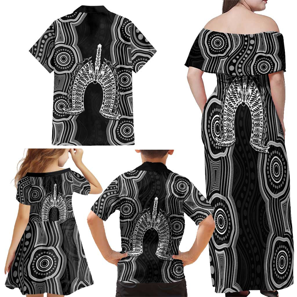 Torres Strait Islander Family Matching Off Shoulder Maxi Dress and Hawaiian Shirt Flag Feather Headdress Indigenous Dotwork Tribal Art
