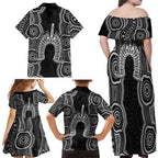 Torres Strait Islander Family Matching Off Shoulder Maxi Dress and Hawaiian Shirt Flag Feather Headdress Indigenous Dotwork Tribal Art