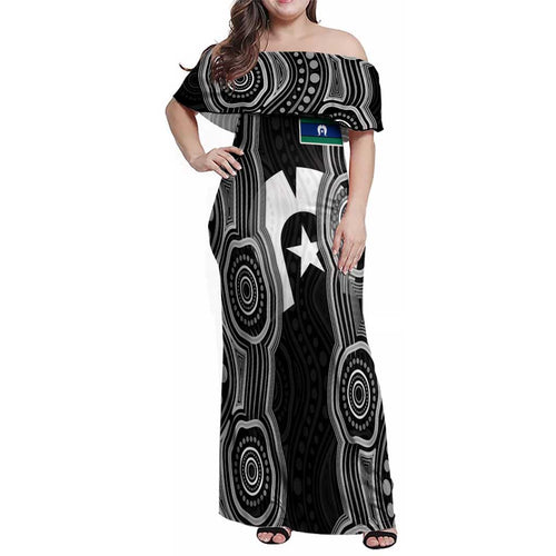 Torres Strait Islander Family Matching Off Shoulder Maxi Dress and Hawaiian Shirt Flag Feather Headdress Indigenous Dotwork Tribal Art