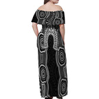 Torres Strait Islander Family Matching Off Shoulder Maxi Dress and Hawaiian Shirt Flag Feather Headdress Indigenous Dotwork Tribal Art