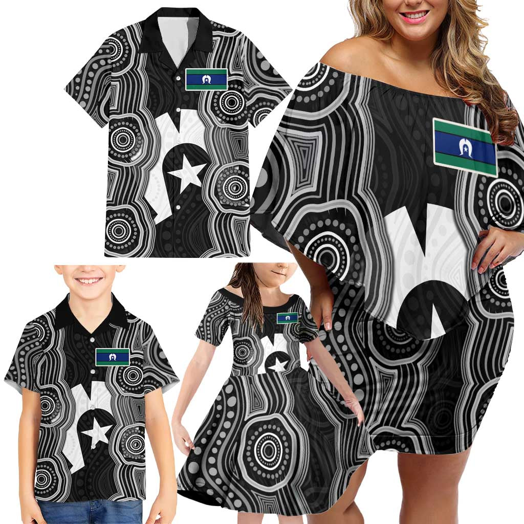 Torres Strait Islander Family Matching Off Shoulder Short Dress and Hawaiian Shirt Flag Feather Headdress Indigenous Dotwork Tribal Art