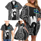 Torres Strait Islander Family Matching Off Shoulder Short Dress and Hawaiian Shirt Flag Feather Headdress Indigenous Dotwork Tribal Art