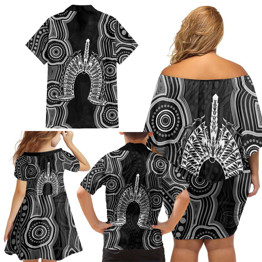Torres Strait Islander Family Matching Off Shoulder Short Dress and Hawaiian Shirt Flag Feather Headdress Indigenous Dotwork Tribal Art