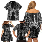 Torres Strait Islander Family Matching Off Shoulder Short Dress and Hawaiian Shirt Flag Feather Headdress Indigenous Dotwork Tribal Art