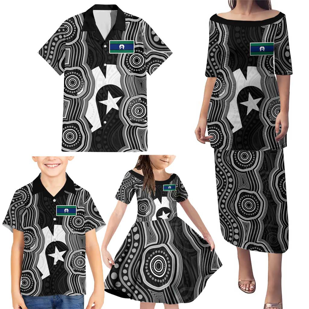 Torres Strait Islander Family Matching Puletasi and Hawaiian Shirt Flag Feather Headdress Indigenous Dotwork Tribal Art