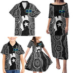 Torres Strait Islander Family Matching Puletasi and Hawaiian Shirt Flag Feather Headdress Indigenous Dotwork Tribal Art