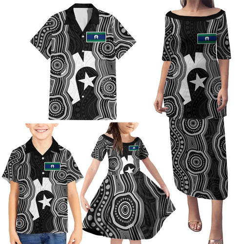 Torres Strait Islander Family Matching Puletasi and Hawaiian Shirt Flag Feather Headdress Indigenous Dotwork Tribal Art