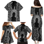 Torres Strait Islander Family Matching Puletasi and Hawaiian Shirt Flag Feather Headdress Indigenous Dotwork Tribal Art
